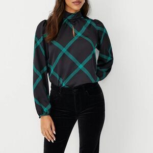 Ann Taylor Green and Black Graphic Blouse with Cuffed Sleeves